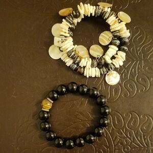 Shell and Black Bead Stretch Bracelet Set - Women Jewelry